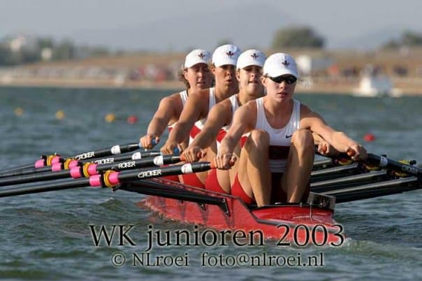 Natasha rowing with her crew at the 2003 Junior World Championships